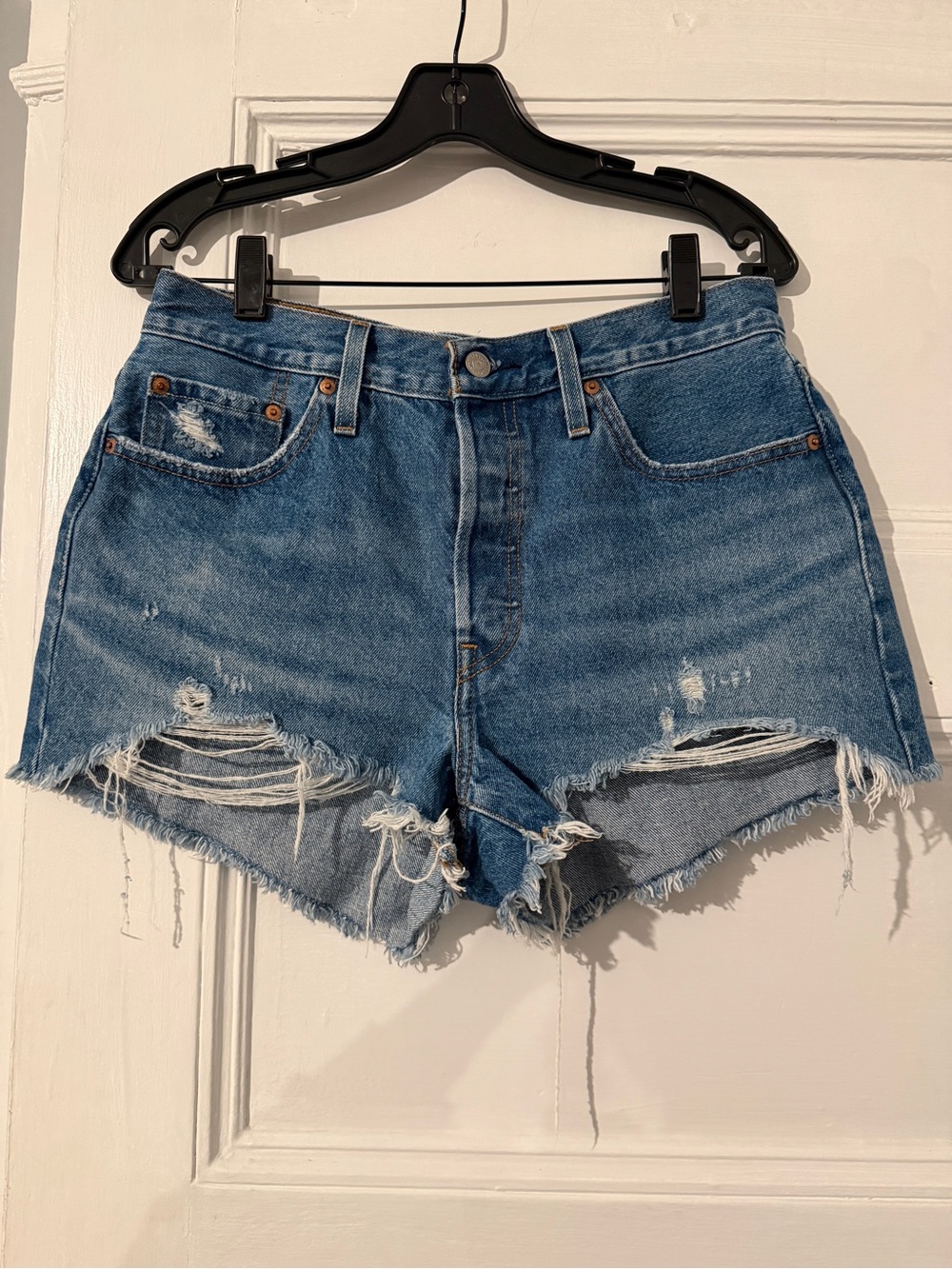 LEVIS Blue Distressed High-Rise Denim Shorts